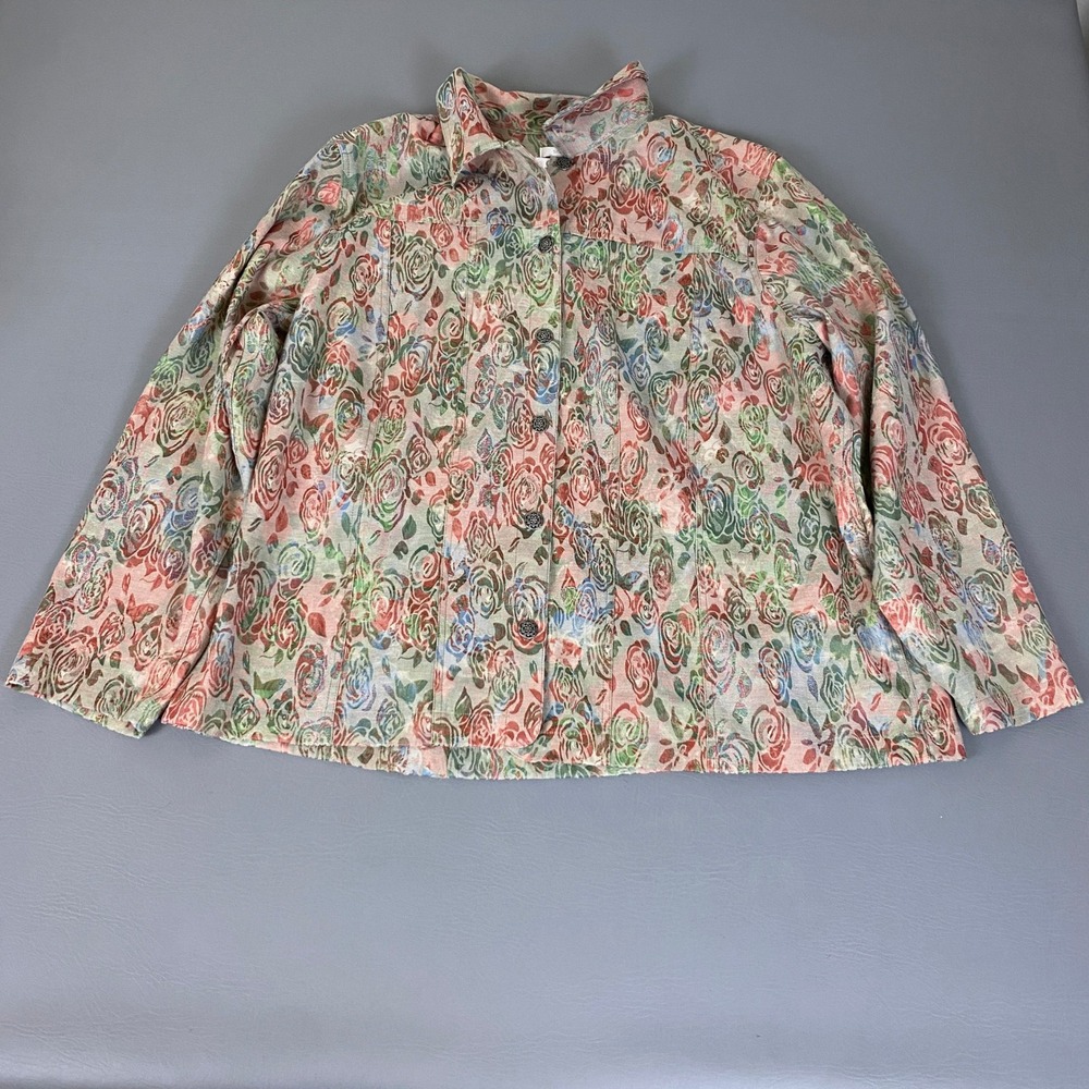 CJ Banks Jacket Womens 1X Floral Rose Print Button Down Stretch Shirt Multicolor